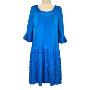 Slinky Brand Dress Womens Medium Ruffled Skirt Bell Sleeve Travel Knit Blue